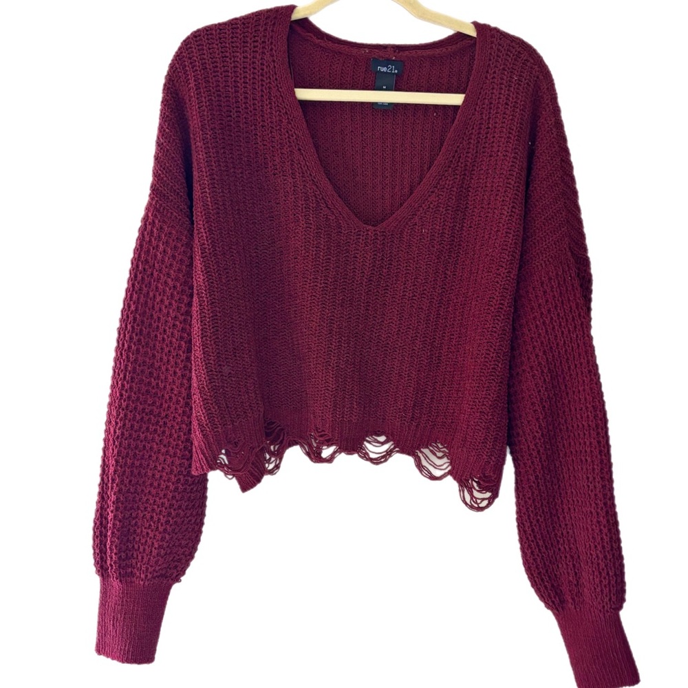 Rue21 Red V-Neck Sweater with Long Sleeves and Distressed Hem